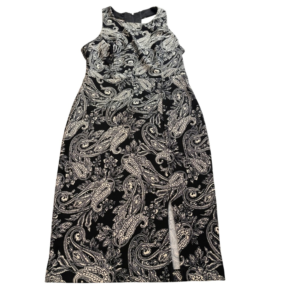 Bisou Bisou Michele Bohbot Paisley Halter Midi Dress Black White Faux Leather 6